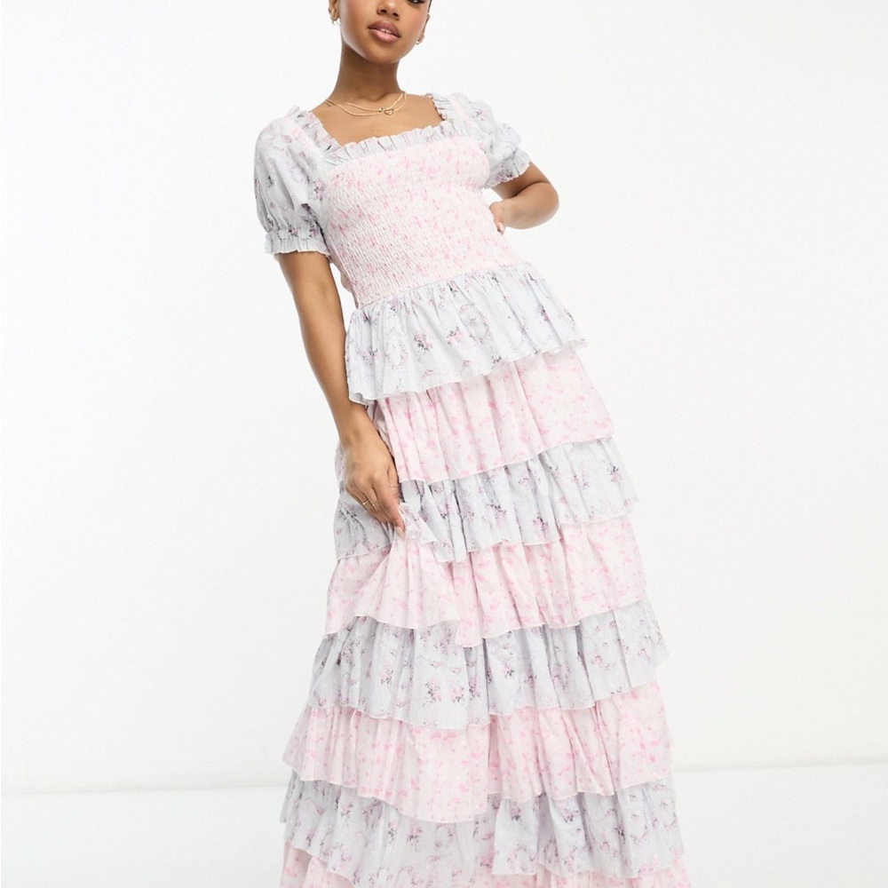 Amy Jane London Luna tiered maxi dress in pink and blue ditsy floral
